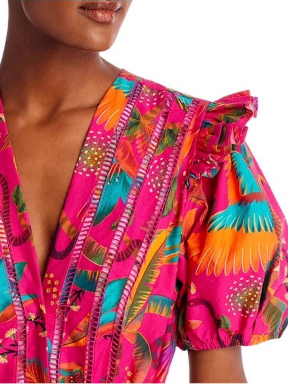 FARM Rio Pink Tropical Macaw Print Belted Romper NWT - Picture 2 of 10